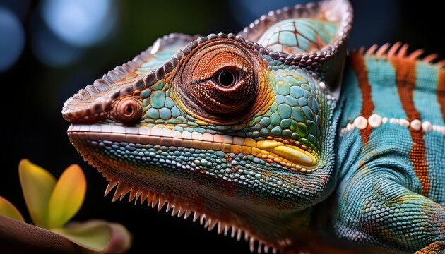 Vivid Rainforest Chameleon Camouflaged in Lush Tropical Greenery, Capturing the Hidden Wonders of a Vibrant Ecoystem with Enigmatic Mystery.