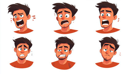 Standing man in front, side and back view and his face with different emotions. Vector cartoon illustration of guy smile, cry, laugh, sad, angry and scared. Male character facial expression set