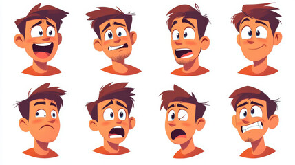 Standing man in front, side and back view and his face with different emotions. Vector cartoon illustration of guy smile, cry, laugh, sad, angry and scared. Male character facial expression set