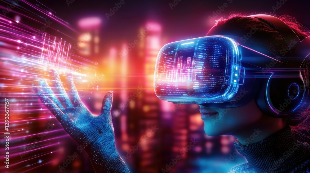 Poster futuristic virtual reality cyberspace with glowing neon lights motion gesture control interface and 