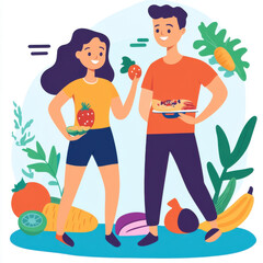 Healthy couple enjoying fresh fruits and vegetables, smiling and happy. They hold strawberries and plate of food, surrounded by various colorful produce