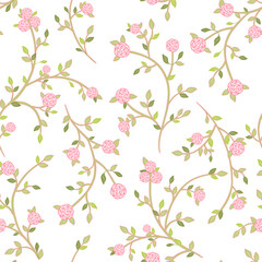 Vector illustration. Seamless pattern of delicate sprigs of pink roses on a white background, blooming flowers. Cottagecore pattern. Printing on textiles, packaging, fabric, sublimation printing
