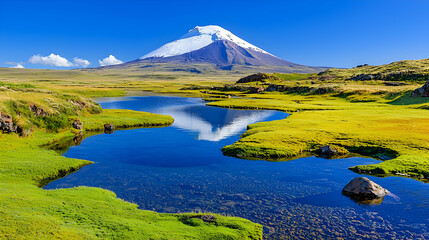 Fototapeta premium Andes mountain lake reflection, sunny day, grasslands. Travel brochure