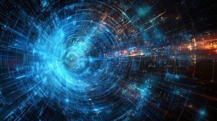 Swirling blue lines, like a holographic wave, showing data.
