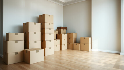 A bright, airy room is filled with numerous cardboard boxes of varying sizes, indicating a packing or moving scenario