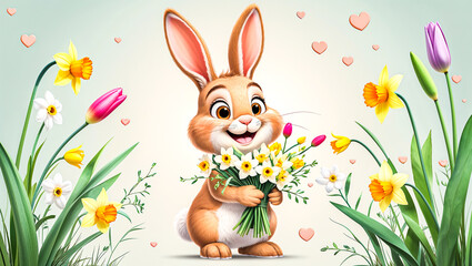 cute and happy cartoon bunny carrying a bouquet of fresh spring flowers, a delightful design for easter, birthday cards, and children's prints