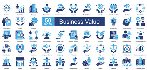 Business Value icon set in Two Color style, featuring 50 icons of leadership, trust, innovation, and corporate growth. Perfect for business strategy, branding, and organizational development.
