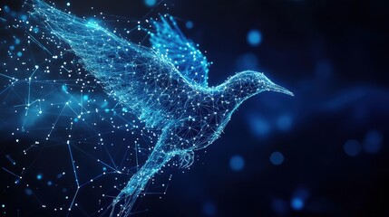 A vibrant blue bird crafted from interconnected lines and dots, captured mid-flight with expansive wings poised for ascent