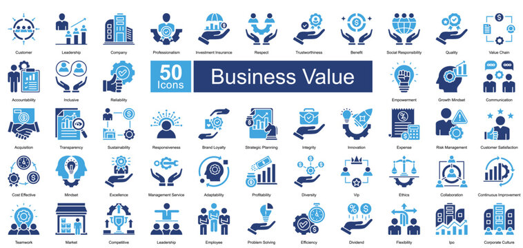 Business Value icon set in Two Color style, featuring 50 icons of leadership, trust, innovation, and corporate growth. Perfect for business strategy, branding, and organizational development.