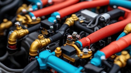 Close up of a car engine with colorful pipes and wires. Concept of automotive, engineering, and technology.