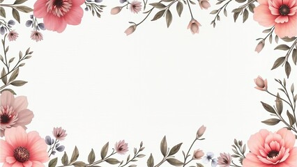 Elegant Floral Frame with Pink Flowers and Greenery on White Background