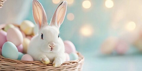 close up of adorable white bunny sitting in wicker basket filled with pastel colored eggs, creating cheerful and festive atmosphere