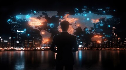 Captivating futuristic cityscape at night with glowing skyscrapers brilliant lights and a surreal digital network of data connections representing the power of technology innovation and urban growth