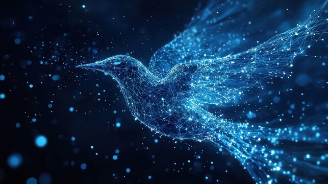 A blue bird in mid-flight, crafted from interconnected lines and dots, showcases spread wings poised for soaring flight. Its vibrant form glides gracefully through the sky