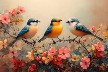 Colorful birds perched on blooming branches in a tranquil spring setting