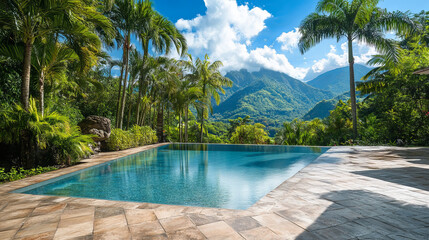 Fototapeta premium Swimming pool in hotel or resort outdoors, empty poolside with blue water, palm trees, green plant fencing and tiled floor on mountain landscape background. Exotic island cartoon vector illustration