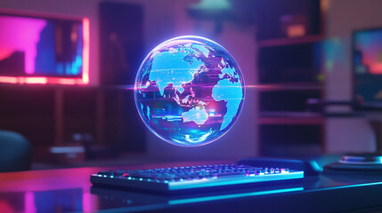 Digital hologram globe floating above futuristic console glowing neon cyberpunk technology advanced user interface sci-fi virtual reality global network artificial intelligence data toy decor map ball