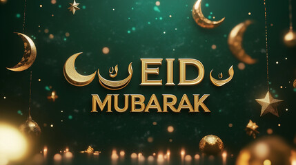 Elegant Eid Mubarak Gold Lettering Design Festive Green Background Sparkling Stars Moons Festive Celebration Islamic Holiday Greeting Card Template Digital Art 3D Render Luxury Elegant Design Dark    