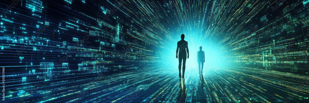 Aufkleber exploring a digital realm with silhouettes amidst floating code in a futuristic cybernetic landscape