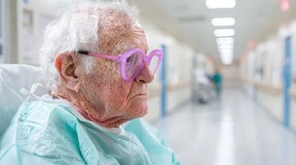 Elderly man hospital hallway recovery pensive