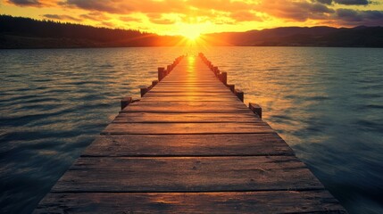 Obraz premium Wooden pier extending into a lake at sunset.