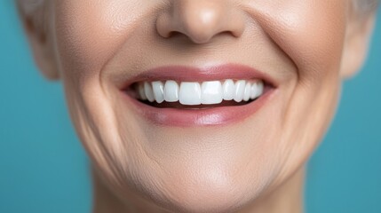 Fototapeta premium Close up of a smiling mature woman with perfect white teeth. Concept of dental care, whitening, veneers, and oral hygiene.