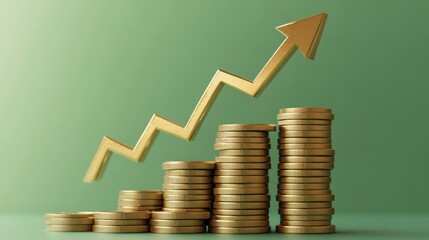 Rising trend in financial growth indicated by stacked coins and upward arrow on a green background