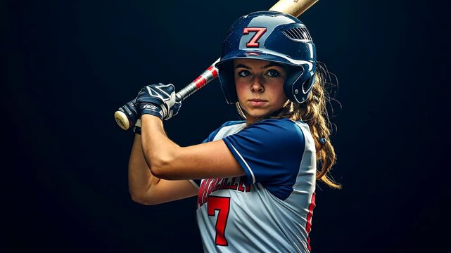 Determined female softball player gripping a bat, ready to swing under bright stadium lights