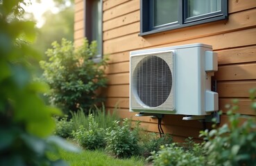 Ductless mini split air conditioner heat pump is mounted on house facade with wooden siding. AC unit located outdoor among green plants. Energy efficient split system conditioning air.