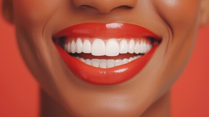 Obraz premium Close up of a woman's smile with red lipstick and perfect white teeth. Beauty and dental care concept.