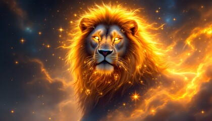 Fototapeta premium Fiery Lion King Digital Art with Glowing Mane