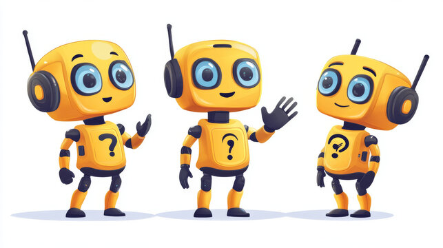 Cute chat bot cartoon vector set illustration. Yellow funny smart conversation robot, assistant make hand gesture waving hello, 404 error message and thinking with question mark, isolated on white