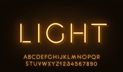 Yellow Neon Reflection font on dark background. Light glow letter and numbers for text sign.