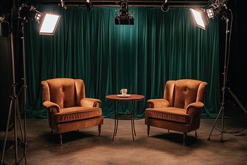 Obraz premium Studio Setup: Filmmaking Chairs, Table, Lights, and Green Screen for Interviews and Talk Shows