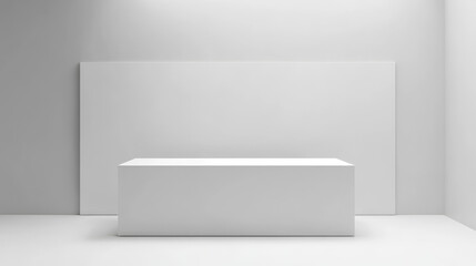 3d white stand booth for presentation event mockup. Vector promotional blank wall in room display for exhibition with table or podium. Empty expo business cube corner kiosk retail background set.