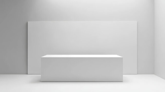 3d white stand booth for presentation event mockup. Vector promotional blank wall in room display for exhibition with table or podium. Empty expo business cube corner kiosk retail background set.