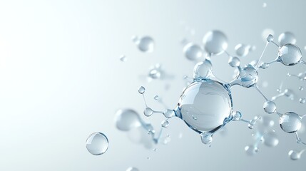 Abstract molecular structure with water droplets on a soft gradient background, representing connection and fluidity.