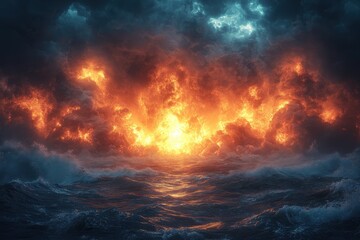 Fototapeta premium Dramatic seascape with fiery clouds and turbulent waves at sunset creating an intense atmosphere