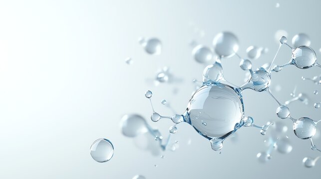 Abstract molecular structure with water droplets on a soft gradient background, representing connection and fluidity.