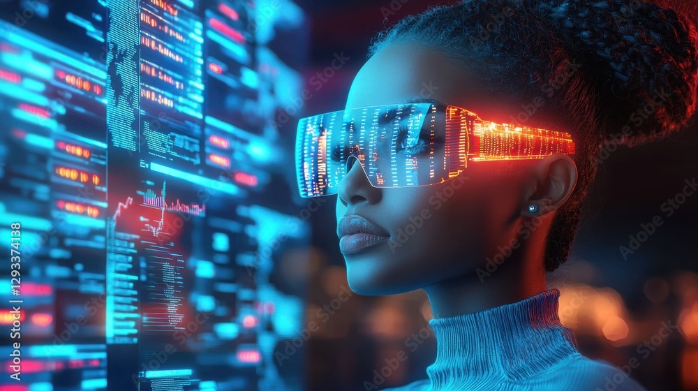 Poster futuristic digital interface with glowing projection and abstract data visualization immersive sci f