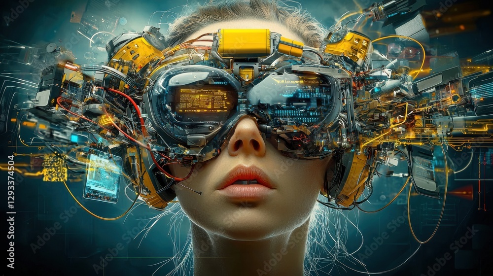 Poster digital rendering of a futuristic cyborg like head wearing advanced technological devices and circui