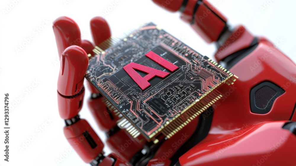 Poster robotic hand holding ai circuit board in a futuristic setting with high-tech design elements
