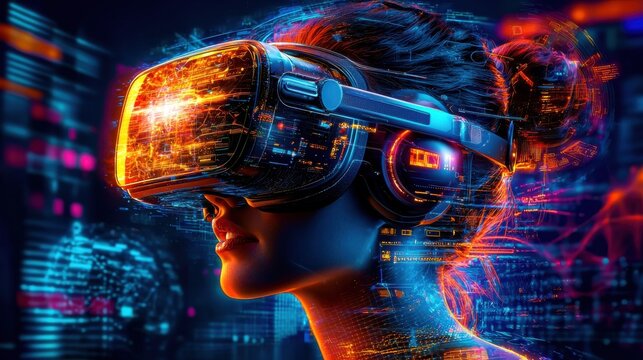 Captivating Virtual Reality Headset Immersed in Vibrant Digital Landscape with Futuristic Neon Lights and Dynamic Visual Effects Showcasing the Cutting Edge Technology of Immersive Digital Experiences