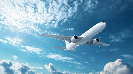 Fototapeta premium 3d white airplane flying on blue sky landscape background with cloud, vector illustration, Realistic banner with blank passenger jet flight, side view, aviation concept or vacation trip ads mockup