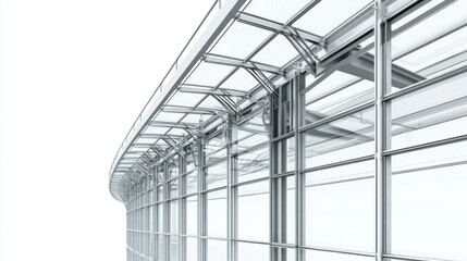 Modern glass building facade, curved design, architectural detail, white background, construction