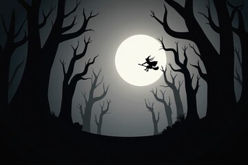 Fototapeta premium A dark forest filled with twisted trees and fog, perfect for Halloween. A witch flying on a broomstick can be seen against a glowing full moon.
