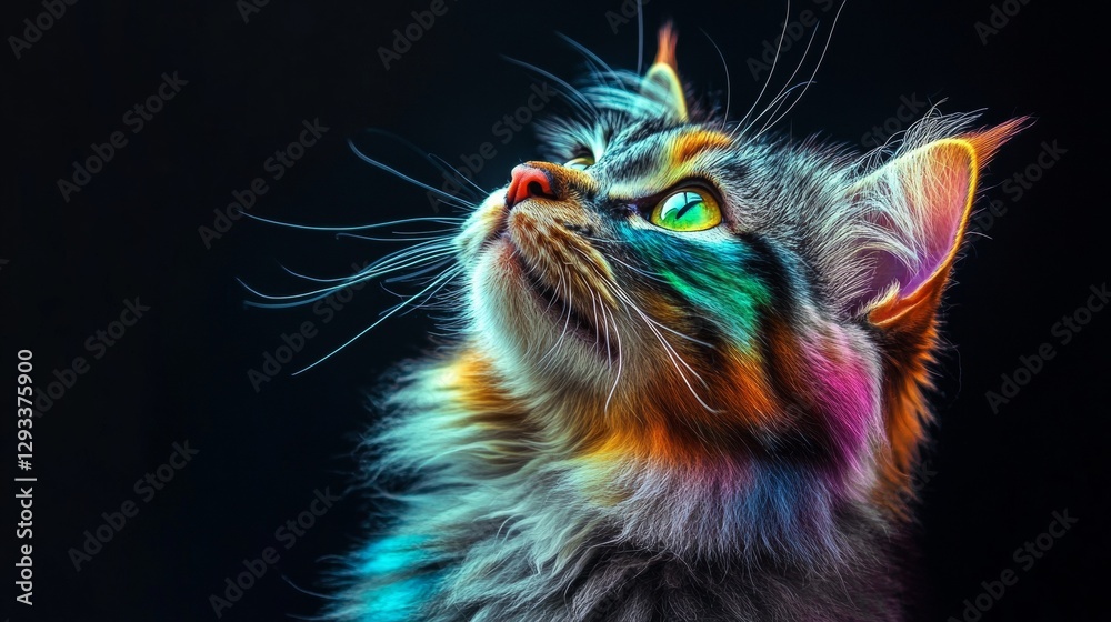 Poster close-up of a fluffy cat with multicolored neon lights on fur and intense green eyes against a dark 