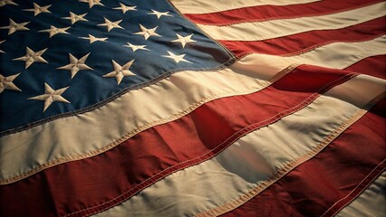 Obraz premium USA flag background. Waving American flag in sunlight flare, close-up. American Wave Flag. American flag blowing in the wind. Flag of the United States of America 