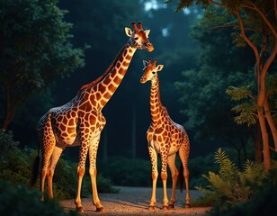 Fototapeta premium Night safari features two giraffes. Nocturnal wildlife adventure in zoo with guided tour through dark habitat. Nighttime exploration, unique animal behaviour. Conservation vision with memorable