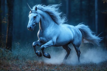 Obraz premium White horse galloping through a magical blue-lit forest
